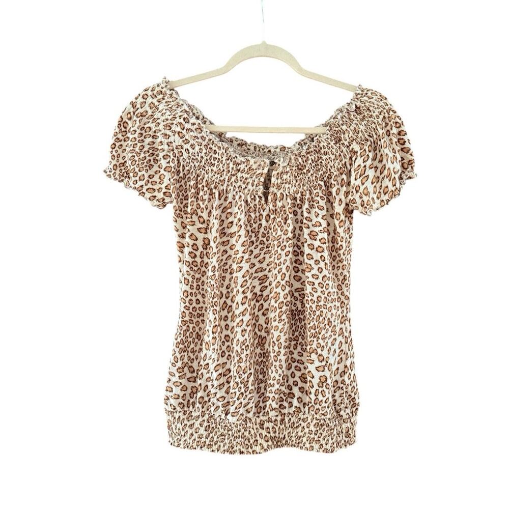 Lucky Brand Cotton Smocked Peasant Top Leopard Print Size Small Cream Tan Brown